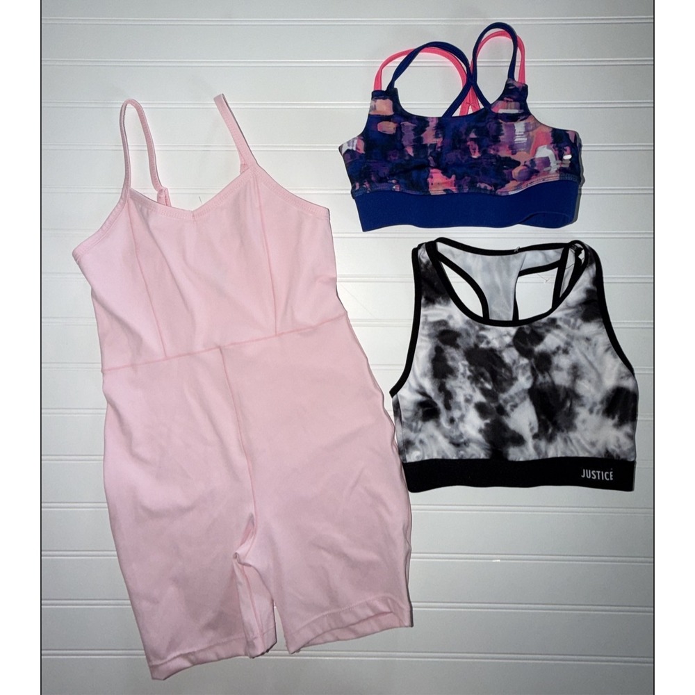 Girls Athletic Bundle Pink Romper Tie Dye Sports Bras 3 Piece Set size 7/8